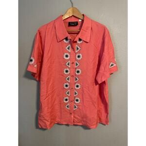 Bob Mackie Wearable Art Womens Top Size 1X Coral Linen Blend Embroidered Artsy